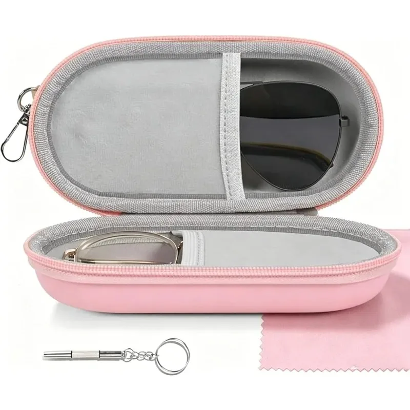 Travel Dual Eyeglasses Sunglasses Organizer Box, Double Glasses Case with Clip Zipper Closure Stores 2 Pairs