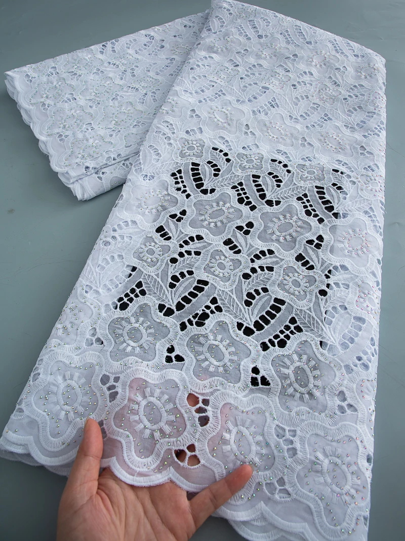 

2.5Yards African Swiss Voile Lace Fabric 2025 Hight Quality Nigerian French Cotton Stones Lace Fabric For Women Party Dress 4537
