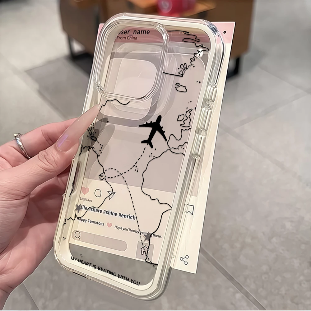 Minimalistische Weltkarte Flugzeug Transparente Handyhülle für iPhone 16 14 15 Plus 13 14 15 11 17 Pro Max Air X XS Weiche Schutzhülle – Detail 5