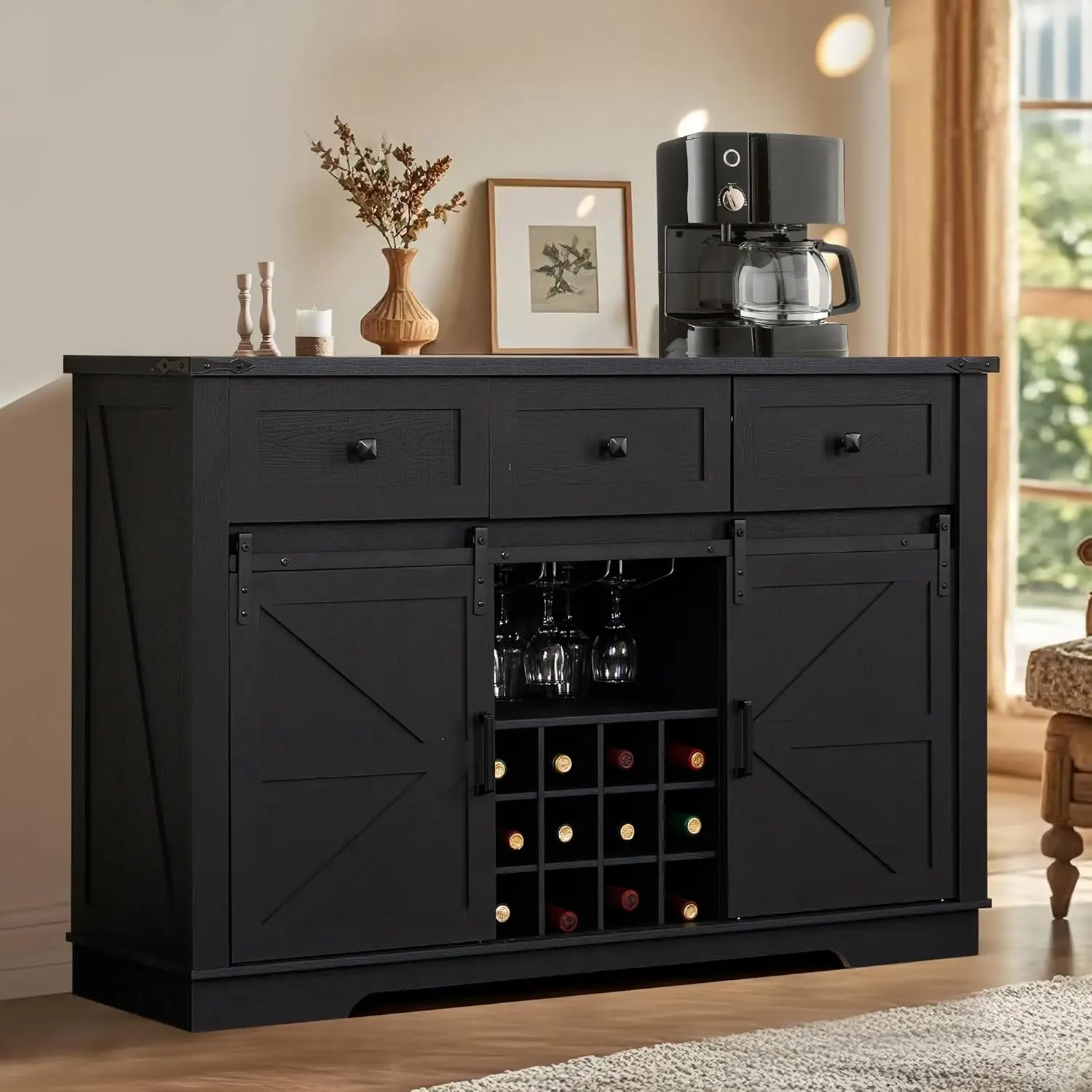 

Cabinet with Storage Wine Cabinet Large 54" Farmhouse Sideboard Liquor Cabinet with Sliding Barn Doors Wine Rack