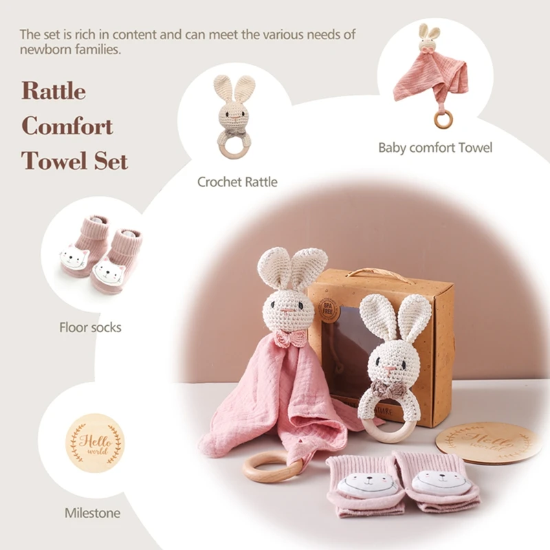 Baby Wooden Crochet Bunny Bracelet Rattle Cotton Blanket Bath Stuff Towel Brush Set Gifts Box Brushs Towel For Baby Shower Gift