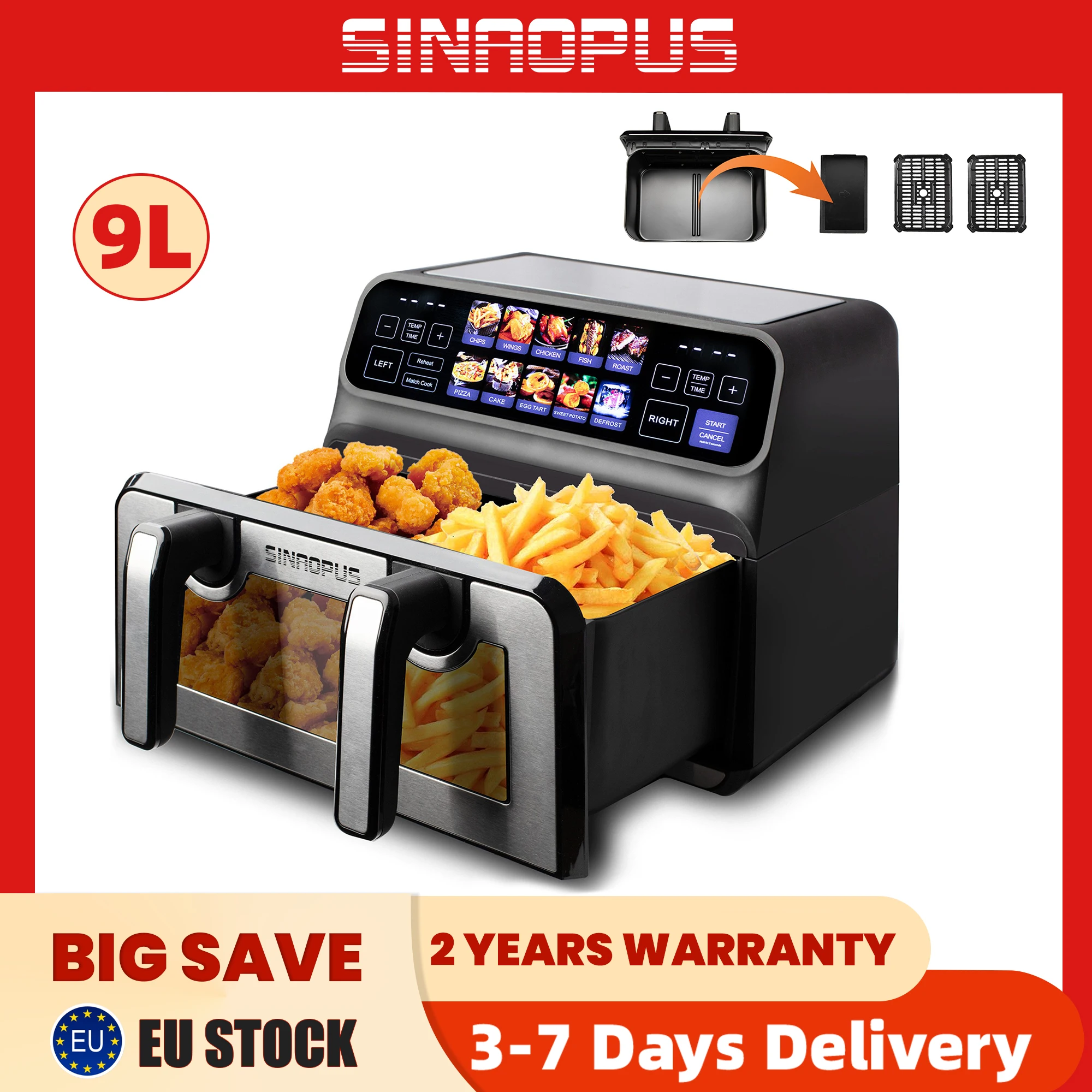 Friteuse à air chaud Sinaopus 2200W à double panier 9L XXL multifonction avec écran tactile LED, programmation automatique, sans huile