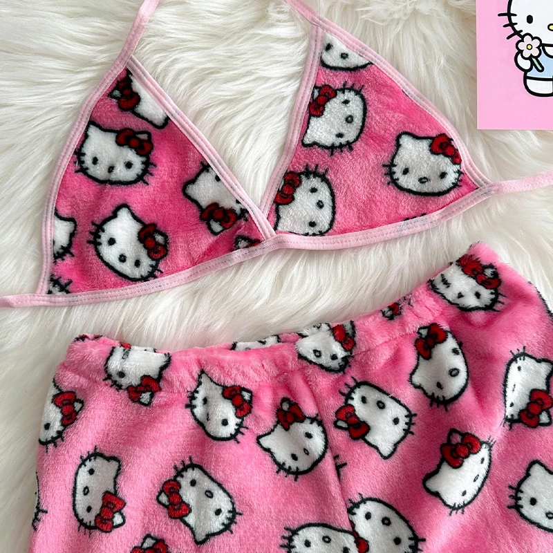 Hello Kitty Bras Women\'s Pajamas Sanrio Pajama Set Shorts with Soft Flannel Sleep Bottoms Pyjamas Women Bras Homewear Two-Piece