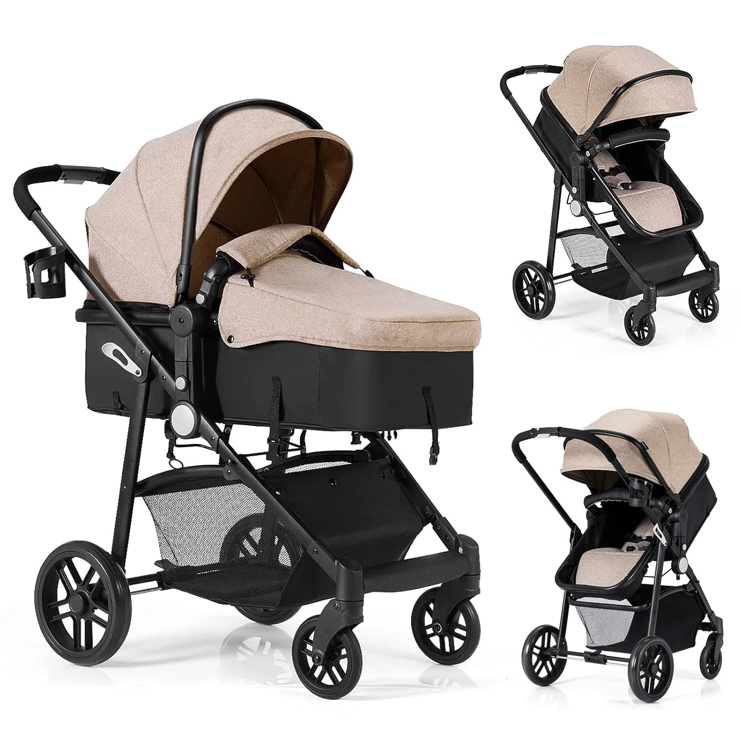 Baby Stroller, 2 in 1 Convertible Carriage Bassinet to Stroller, Pushchair with Foot Cover, Cup Holder, Large Storage Space