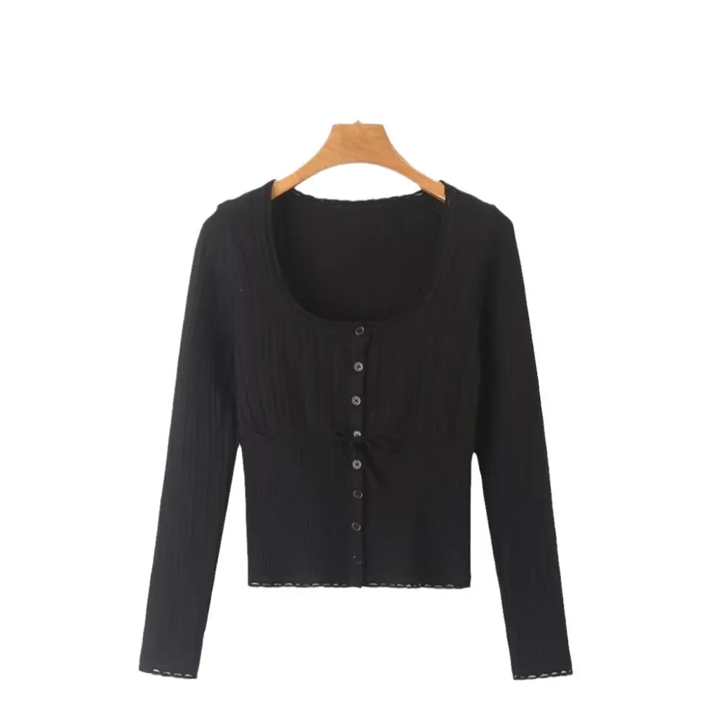 

YPFF Women's Long-Sleeved Sweater European American Style Square Collar Hollow out Waist Lace-Up Buckle Top Trendy Clothing