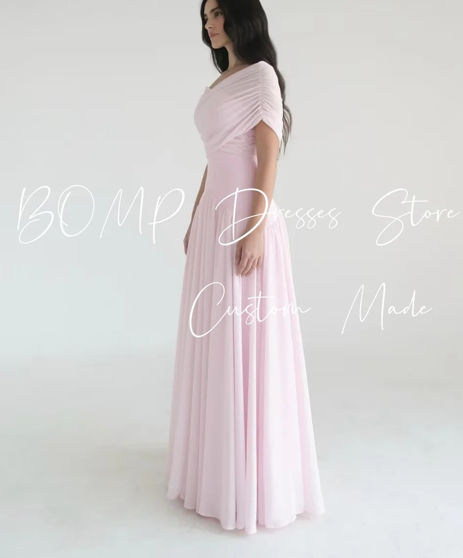 BOMP ثوب مسائي متقاطع أنيق بدون أكتاف ثنيات طول الأرض شيفون مناسبة خاصة فساتين حفلات الزفاف حسب الطلب