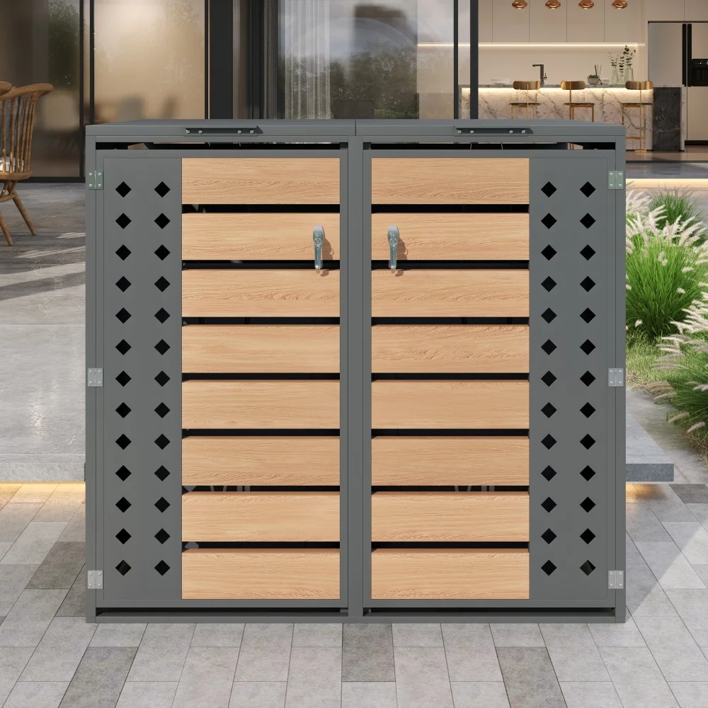 Compartimento de Almacenamiento de Basura Resistente a la Intemperie de 2 Puertas con Tapa Abatible y Diseño de Puerta con Huecos en Forma de Diamante