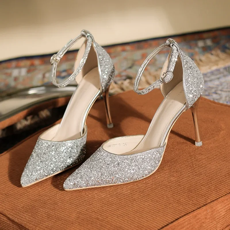 

Exquisite Women's High Heels Summer Party Banquet Shoes French Designer Sheos Pointed End Elegant Sequin High Heels Women Shoes