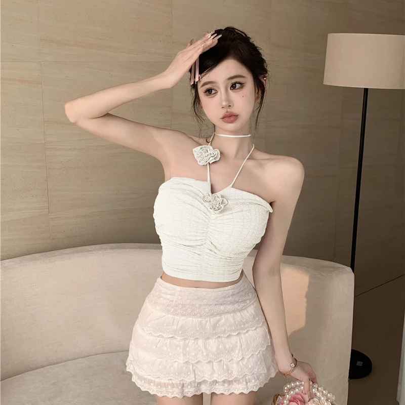 Tanks Women Summer Backless Solid Pleated Irregular Slim Aesthetic Exquisite Y2k Trendy Cropped Beached Fairycore Sexy