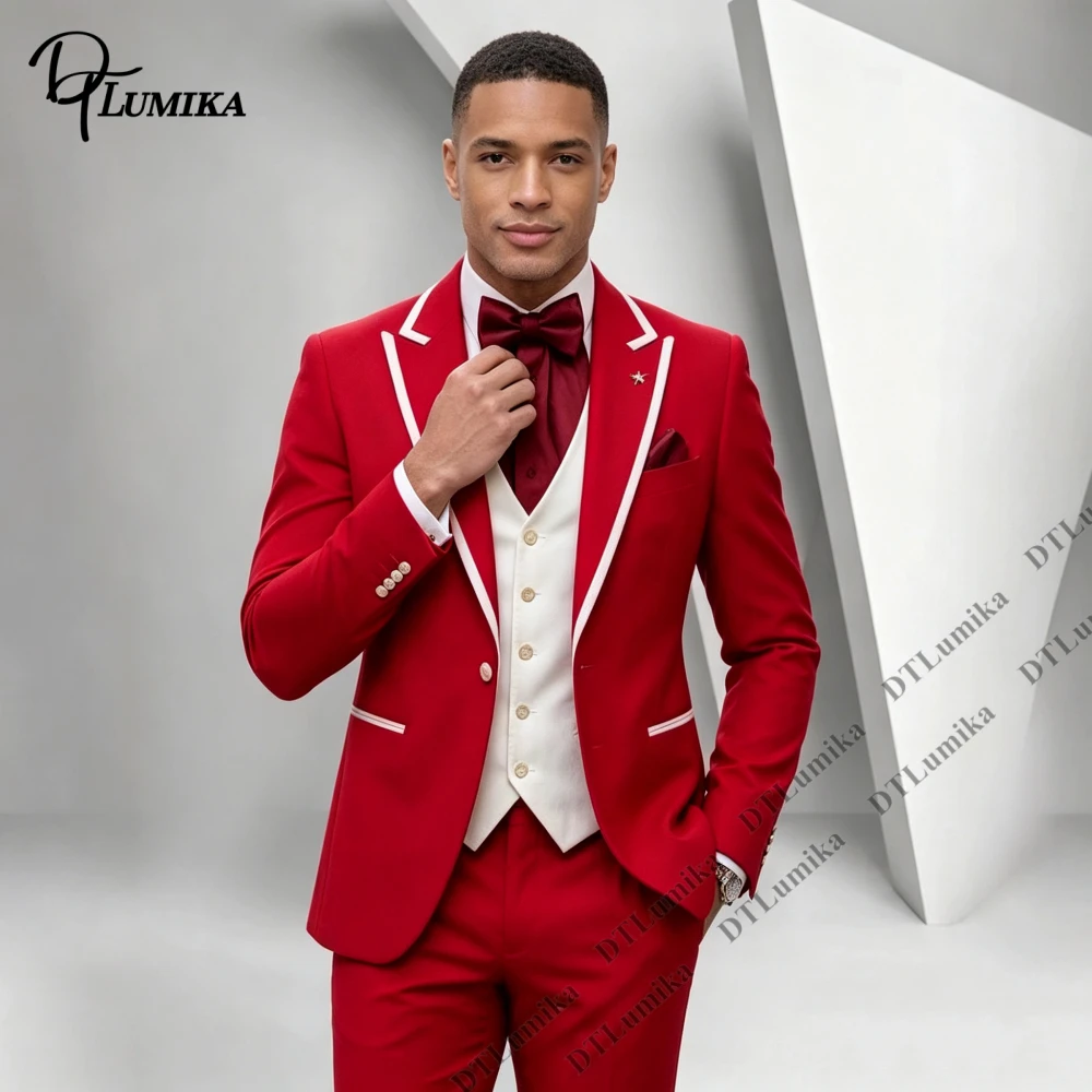 Men's 3 Piece Suit Bright Red with Ivory Contrast Vest White Piping Trim Slim Fit Wedding Groom Prom Party Valentine Tuxedo