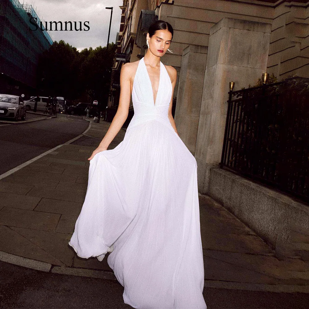 

White Sexy Wedding Dresses Deep V Neck Halter Backless Summer Bride Dress Chiffon Long Beach Wedding Party Gown Robe de Mariee