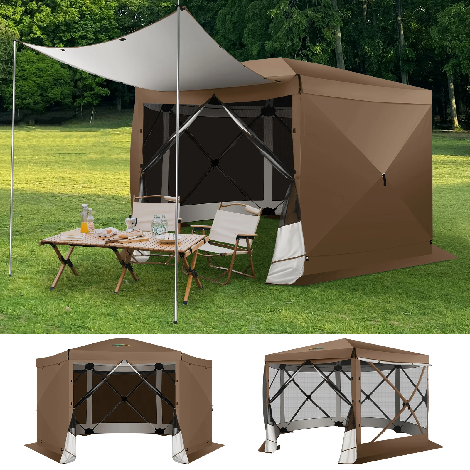 Pop Up Gazebo 12'x12' 6-Sided Screen House Tent for Camping, Outdoor Instant Stargazing Gazebo Canopy with Awning 2.0 Hub Tent