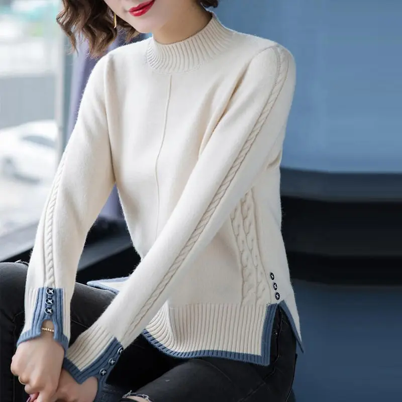 Stylish Stand Collar Button Knitted Spliced Korean Sweater Women\'s Clothing 2022 Autumn New  Casual pullovers Loose Commute Tops