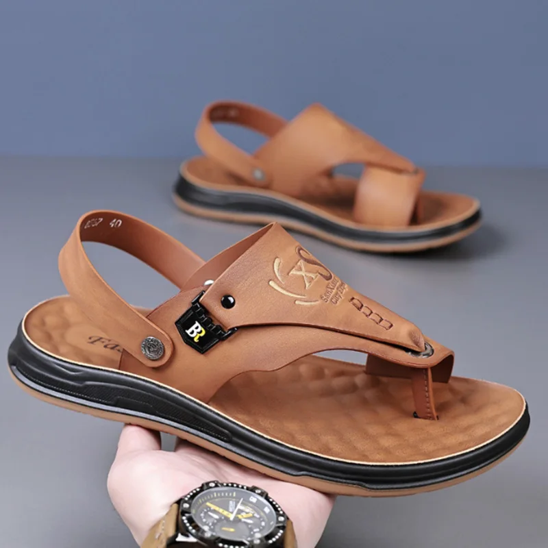 Summer Men Hollow Out Casual Soft Sole Slippers Leather Breathable Beach Shoes Anti-Slip Slip-On Shoes Outdoor Beach Flip-flops