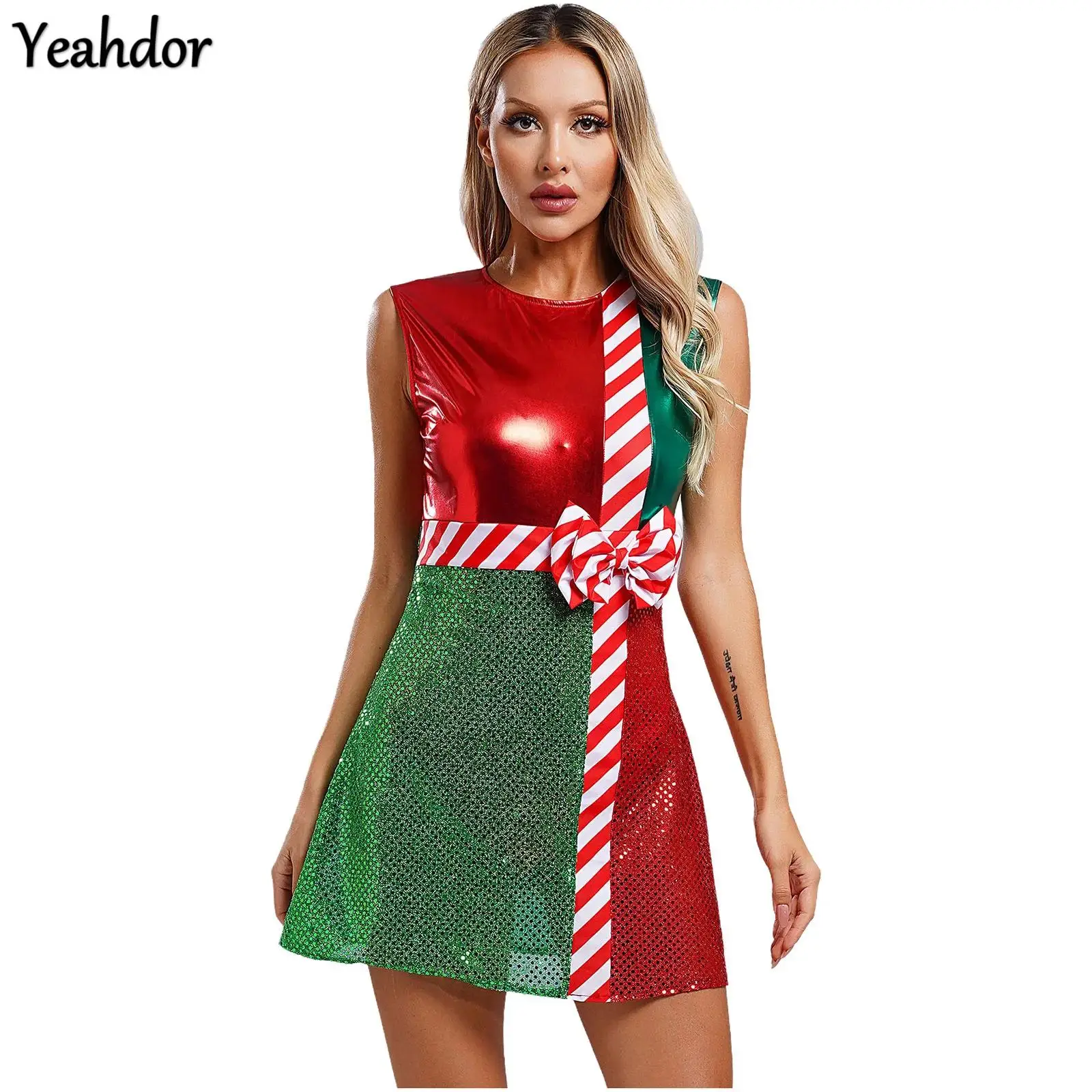 

Women Christmas Mrs Santa Dress Sleeveless Metallic Shiny Sequins Dance Leotard Tutu Dress New Year Party Cosplay Elf Costumes