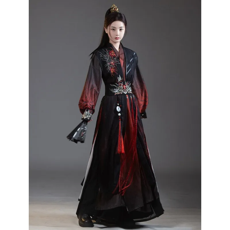 Conjunto Hanfu Estilo Song con Elementos Han, Túnica Negra y Roja con Bordado de Lycoris y Cuello Cruzado, Traje de Pareja Bijia
