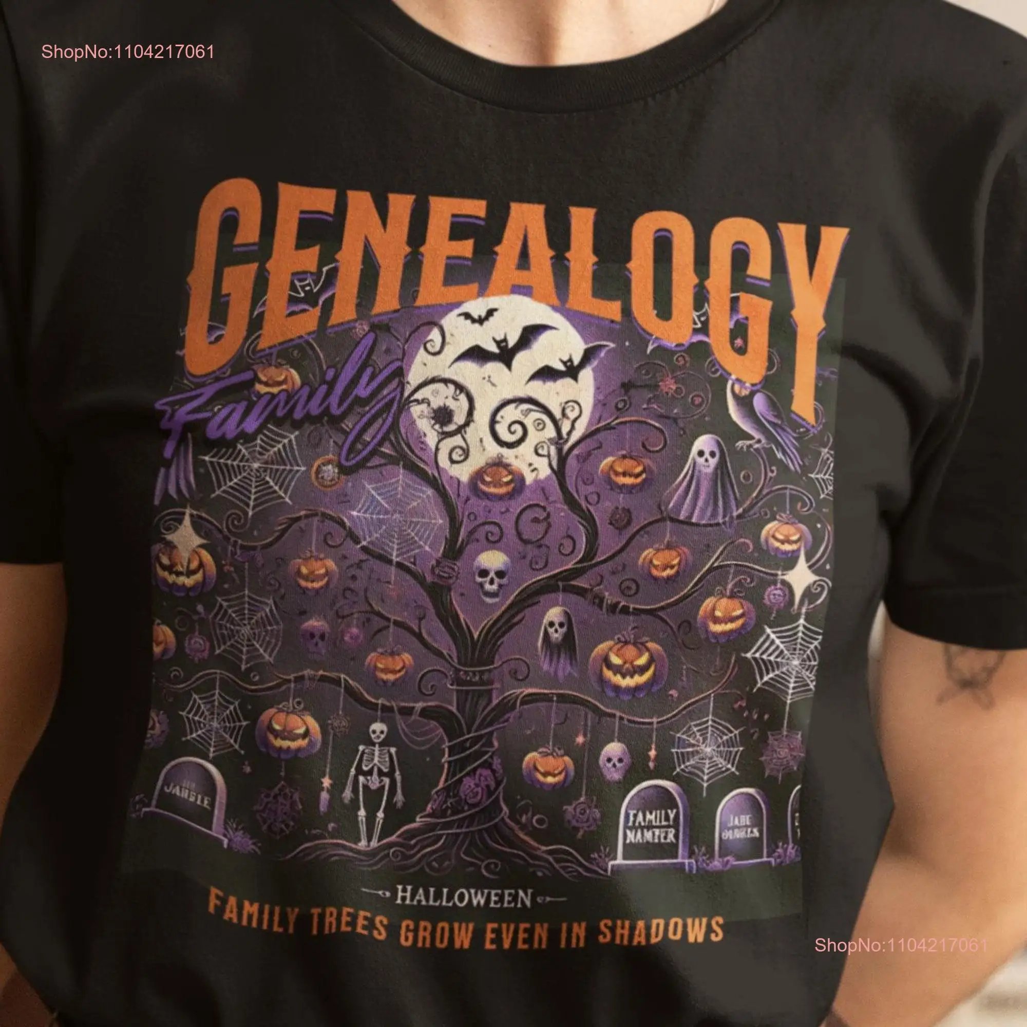 Halloween Genealogy Family Tree T Shirt Skeleton Design Ancestry Enthusiast Spooky Roots Pumpkin Ghost Print Vintage