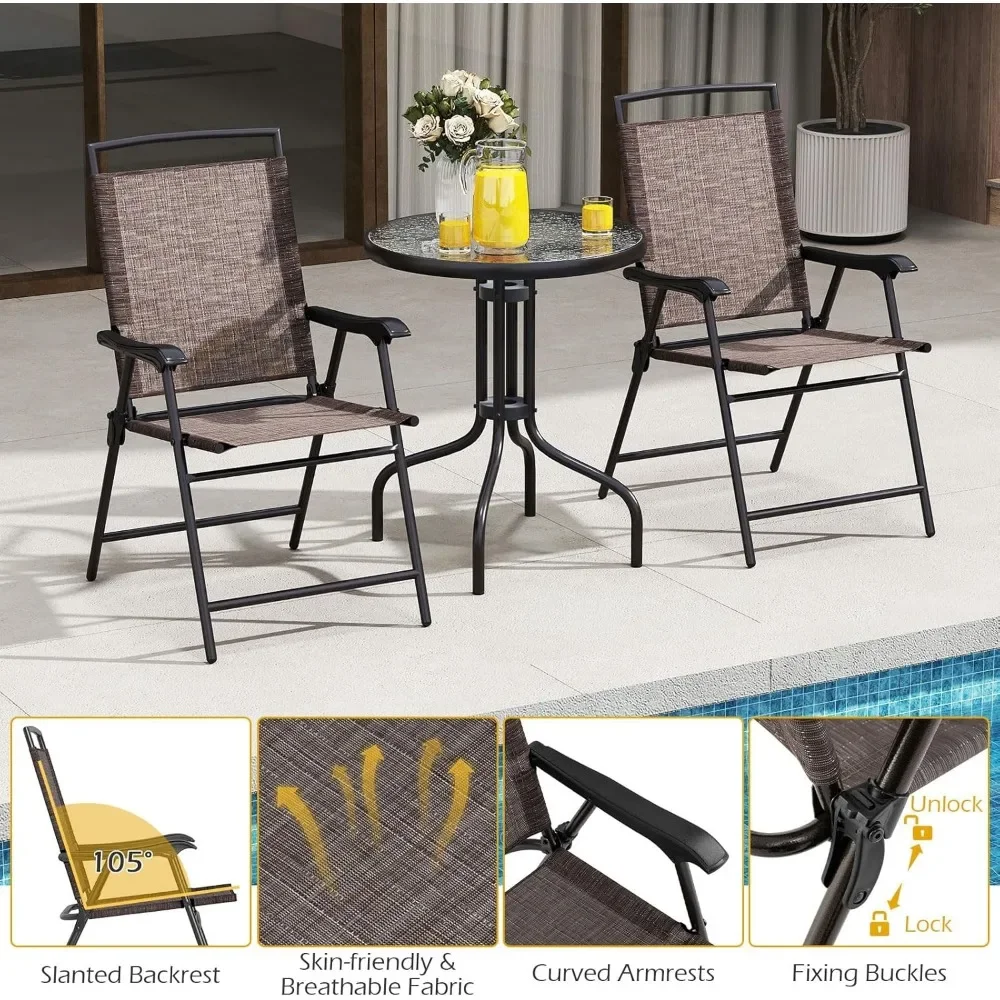 2 Folding，Bistro Table and Chairs Set of 2, Outdoor 3 Piece Patio Bistro Set with 1.57” Umbrella Hole, Tempered Glass Tabletop