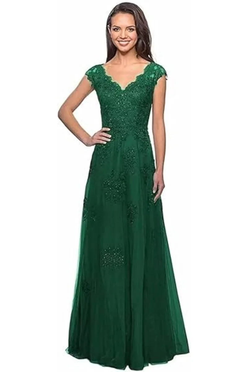 Abiti da cerimonia per la madre della sposa con applicazioni in pizzo da donna per matrimonio con scollo a V e maniche lunghe in tulle, abito da ballo formale da sera