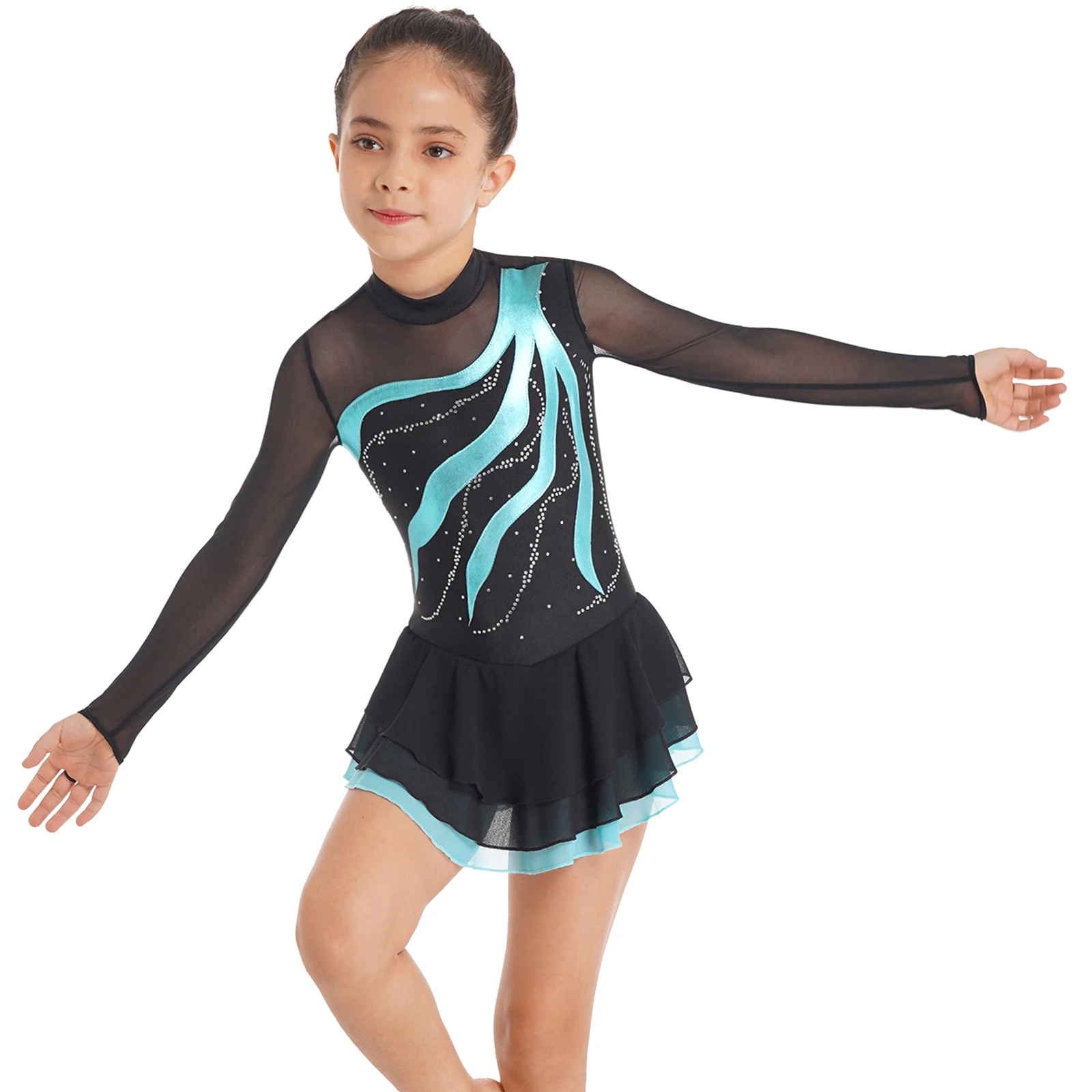 Girls Figure Ice Skating Clothes Ballet Tutu Dance Gymnastics Leotard Dress Long Sleeve Shiny Rhinestone Sheer Mesh Dancewear