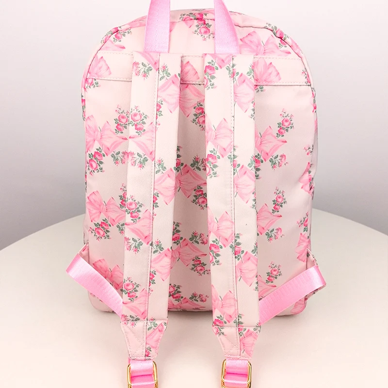2PCS/SET Trendy Flower Bow Printing School Bag Lunch Bag Large Capacity Nylon Backpack Cute Students Insulation Ice Bento Box