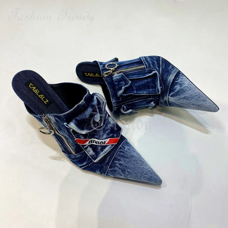 Light Denim Pointed Toe Slippers Women Black Patchwork Sandals Pocket Zipper Slingback Stiletto Heels Ruffle Street Fashion Shoe