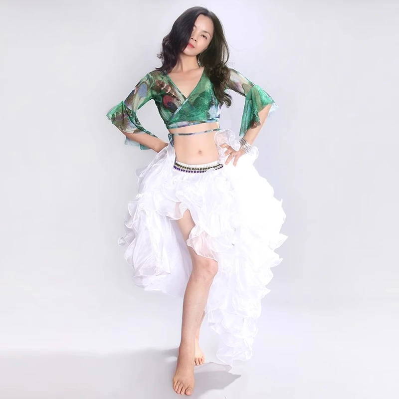 customized belly dance performance costume mesh long sleeved top with slits long skirt training suit set exotic dancewear sexy