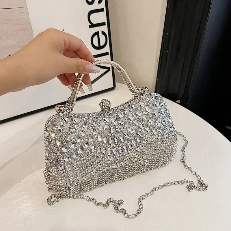 Luxury Gold Silver Diamond Tassel Dinner Evening Bag 2024 Autumn New Clutches Wedding Party Chain Shoulder Bag Handbag For Woemn