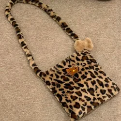 Vintage Cute Sanrio Leopard Print Bow Hello Kitty Plush Crossbody Bag Autumn Winter Girly Y2K Messenger Storage Bag Girls Gift