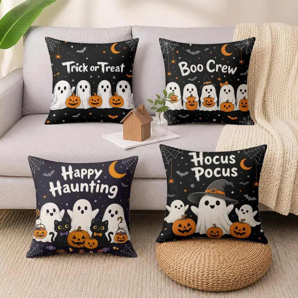 Boo Crew Halloween Cushion Cover Luxury Soft Plush Short Fur Cushion Case Warm Cozy Sofa Bed Decorative Home Accent