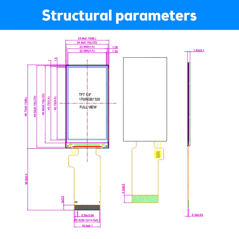 1.9-inch TFT LCD screen 170x320 supports SPI/8-bit parallel port interface 3.3V driver chip ST7789 30PIN HD IPS display module