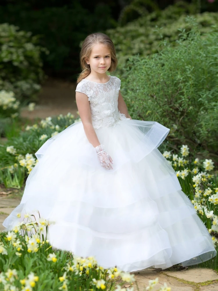 

White Flower Girl Dresses Tulle Puffy Appliques Tiered Sleeveless For Wedding Birthday Banquet First Communion Gowns