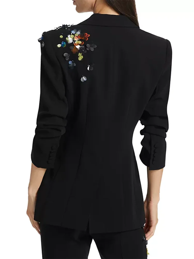 VGH Solid Spliced Sequins Slimming Blazers For Women Notched Collar Long Sleeve Tunic Casual Chic Blazer Female New Autumn 2024