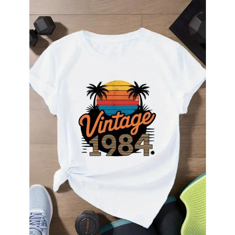 

Women's Vintage 1984 T-Shirt Summer Retro Sunset Palm Tree Graphic Tee Casual Birthday Gift Nostalgia Vacation Short Sleeve Top