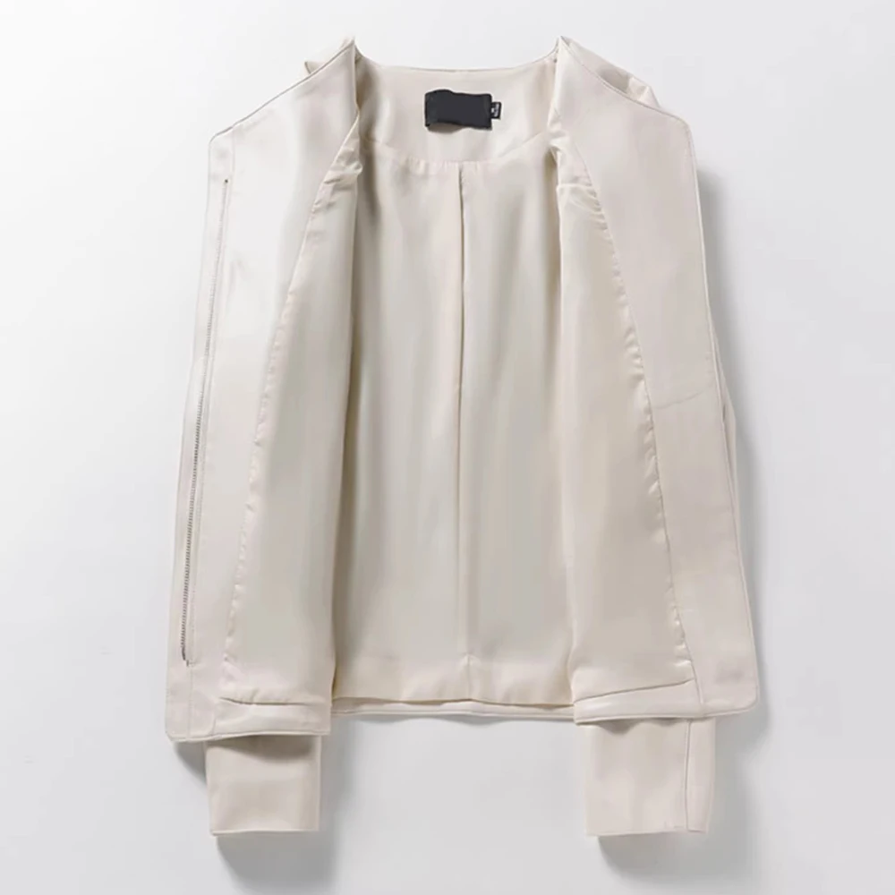 Nova Jaqueta Feminina de Couro Sintético para Primavera e Outono, Moda com Decote Redondo, Manga Longa, Assimétrica, Slim, Casaco Curto Casual
