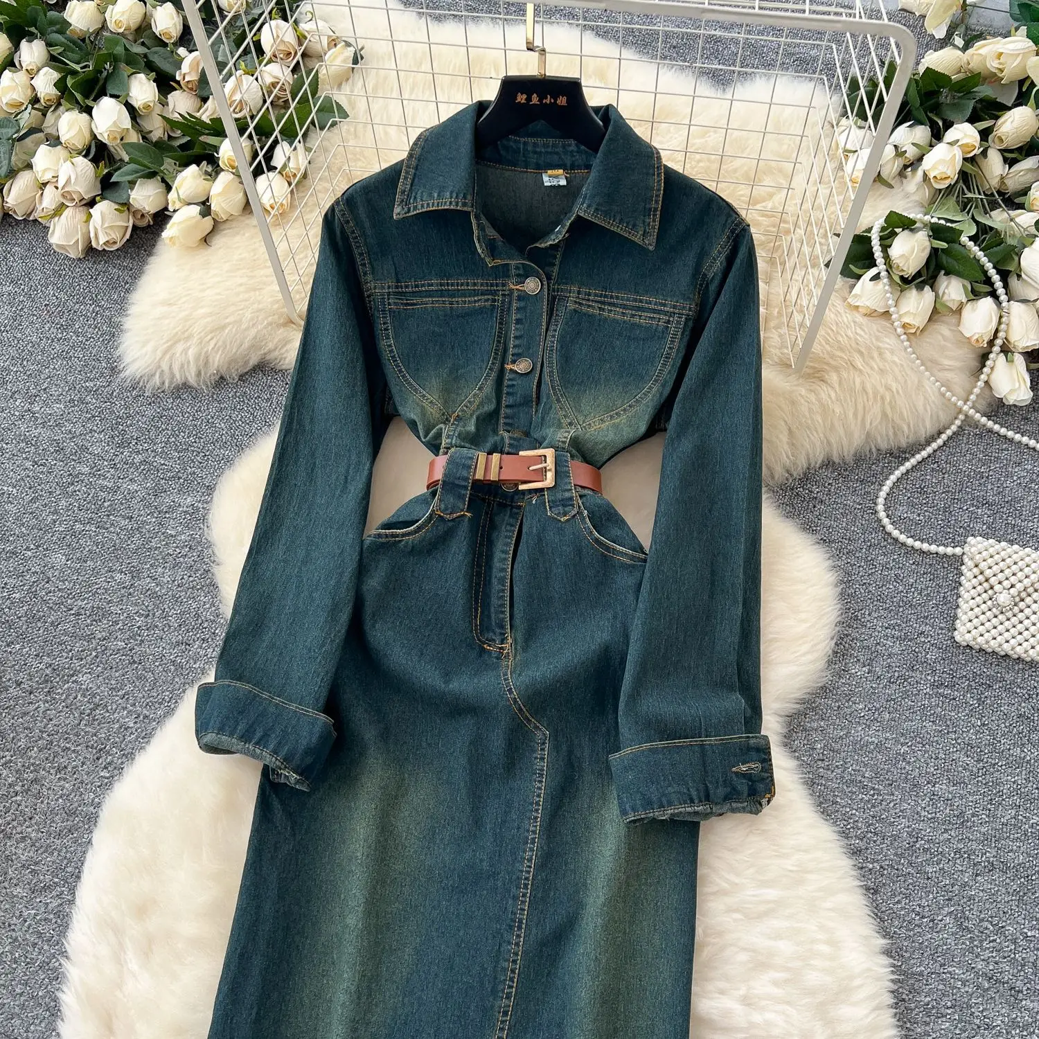 Women Denim Dresses Maxi Long Dress Tassel Turn Down Collar Long Sleeve Single Breasted Straight Office Lady Casual 2025 Autumn