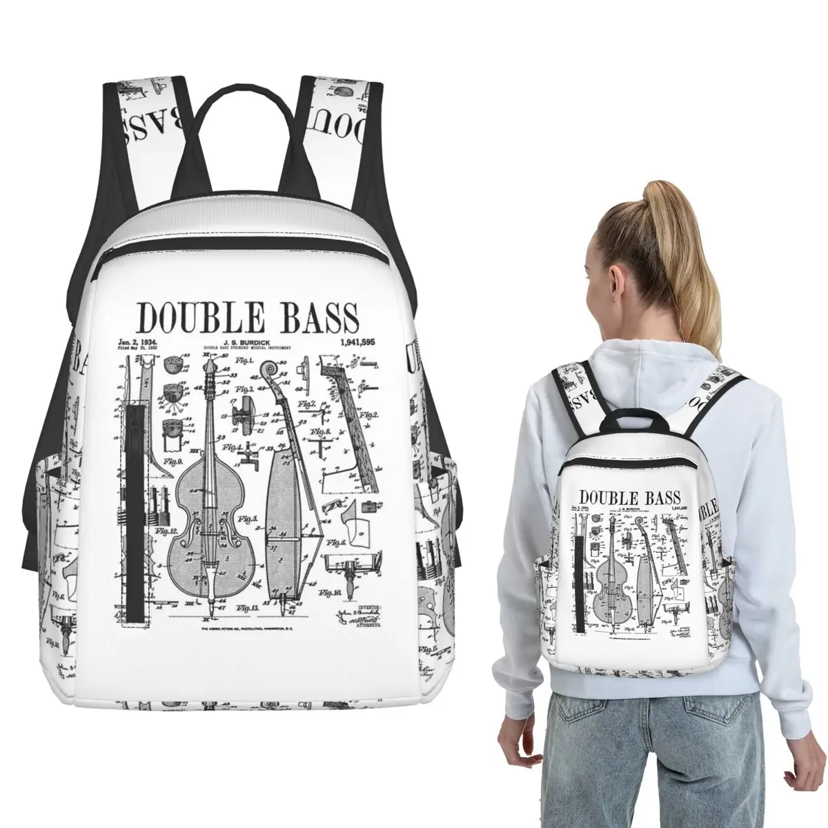 Double Bass Player Bassist Musical Instrument Vintage Patent Backpack Daypack Boys Girls BookBag School Bag