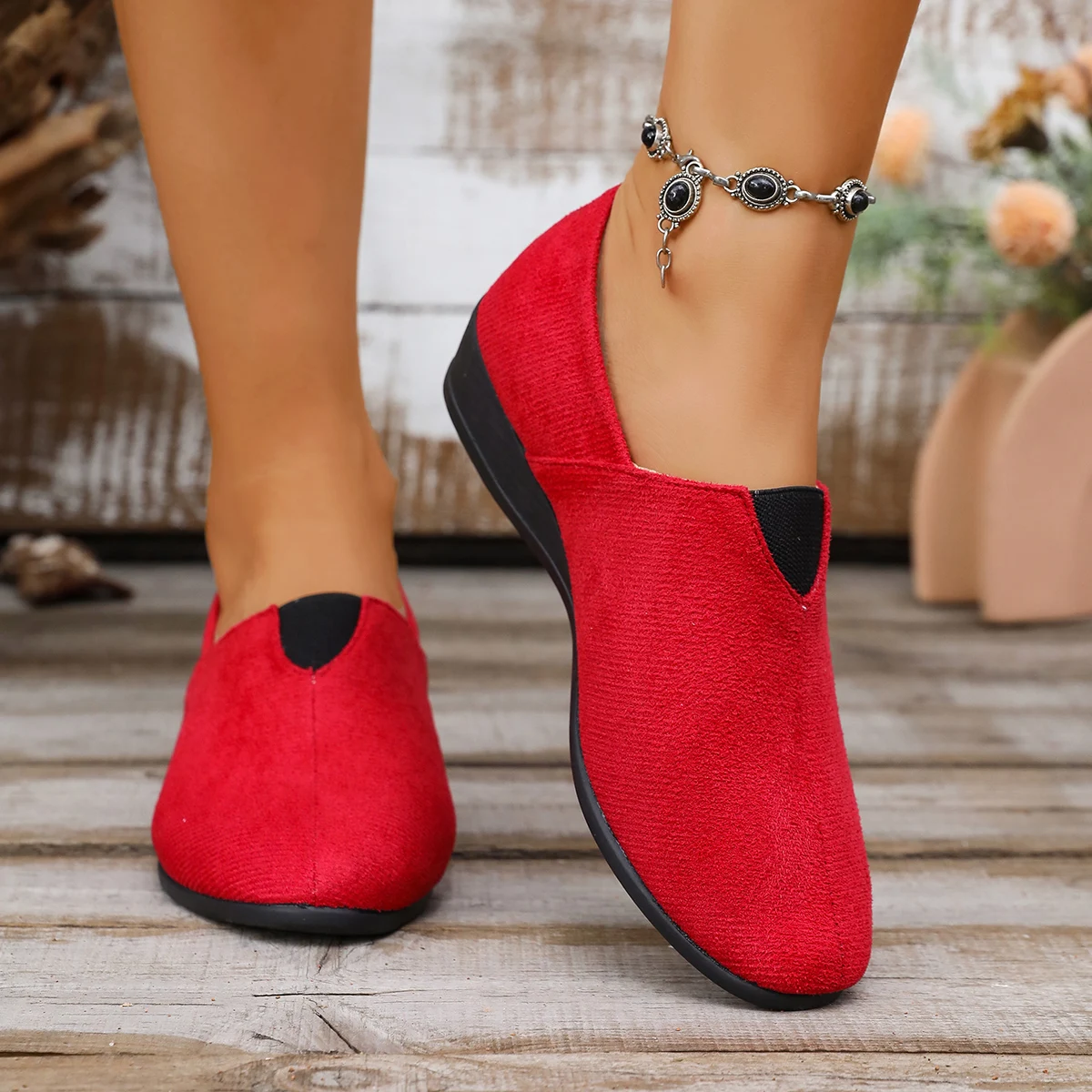 Ladies Closed Pointed Toe Low Wedge Heel Shoes V Notch Slip On Suede Non-slip Daily Footwear