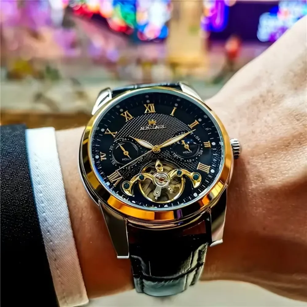 [24-Hour Hollow Tourbillon Watch] Commercial-Style Hollow Tourbillon Mechanical Watch - Men's Skeleton Design, 24-Hour Display, Skeletonized Design, Round Alloy Case, Automatic Winding, No Battery Needed, the Preferred Gift Watch.