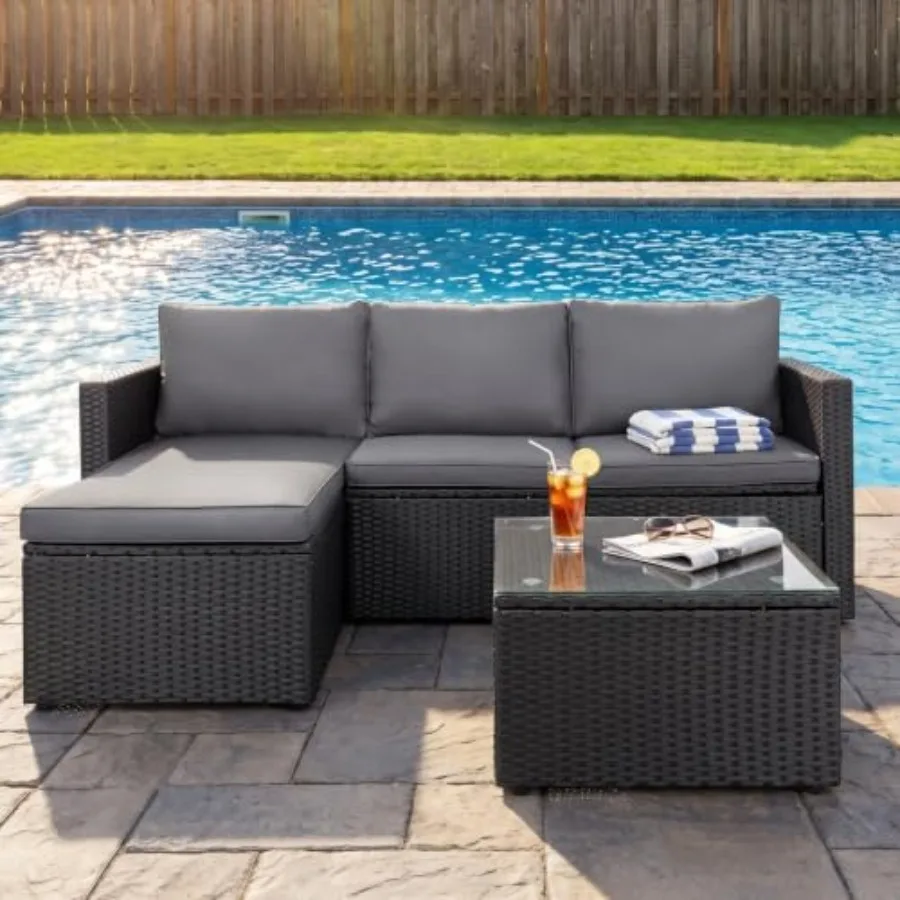 Patio furniture set for outdoor use, PE rattan material, black rattan and charcoal color, detachable soft cushions for comfort