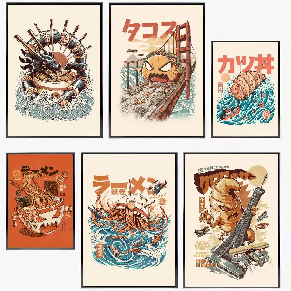 Japanese Kaijus Food Sushi Ramen Burgerzilla Posters High Quality Self-adhesive Wall Art Decorations Color Prints Sticky