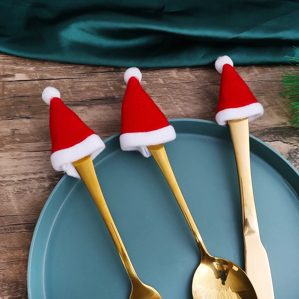 Sac à couverts de noël, Mini chapeau de père noël, bouchons de bouteille de vin, couteaux, fourchettes, poche, fête de noël, nouvel an, décoration de Table à dîner pour la maison