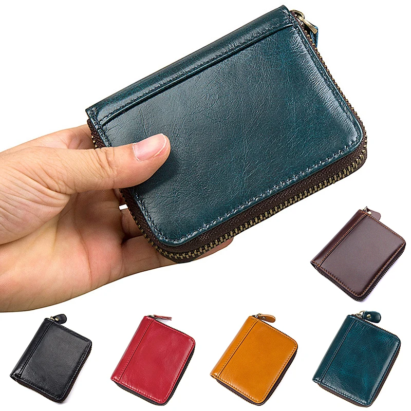 

Fashion Women and Men Zipper Credit Card Holder Oil Wax Genuine Leather RFID Cards Zip Pouch Key Coin Small Change Card Bag