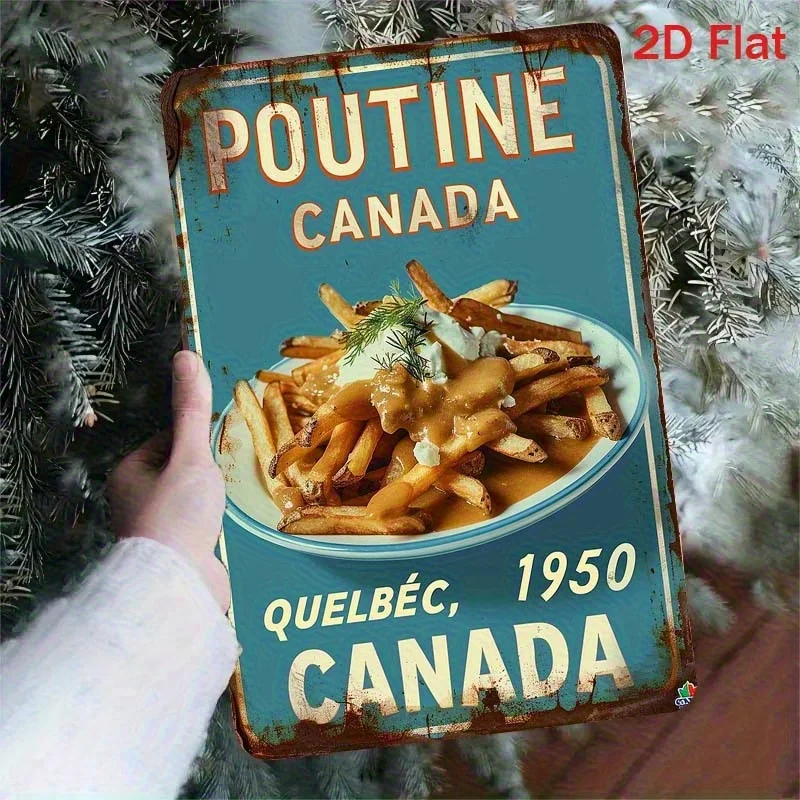 2D Flat, 1 Vintage Canadian Maple Metal Tin Sign - 1950s Quebec Pizza Retro Wall Decor, Heavy Iron, Frameless, Suitable for Kitchen, Bar, Restaurant, Home - Poutine and Sauce Themed, Kitchen Wall Art | Vintage Wall Decor | Durable Wall Art, Canadian Wall