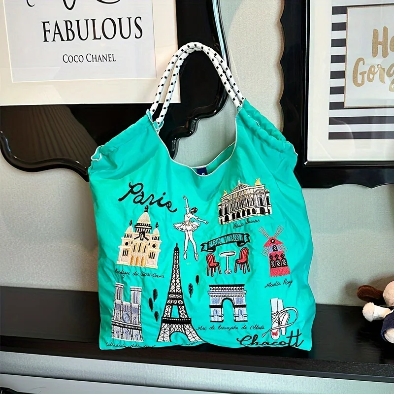 Paris-Themed Large Capacity Embroidered Tote Bag, Summer Beach Vacation Shoulder Bag, Lightweight Nylon Everyday Handbag