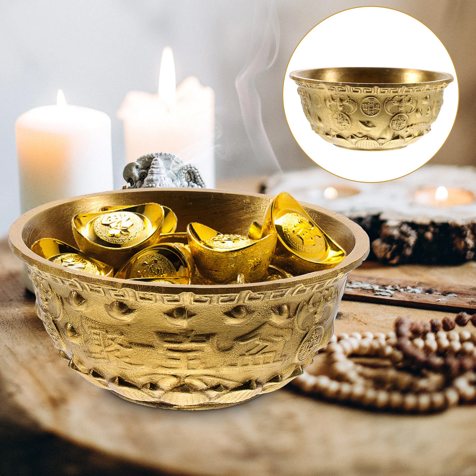 

1Pcs Brass Cornucopia Bowl Exquisite Handicrafts Desktop Ornament Golden Embossed Pattern Fortune Gift Home Decoration