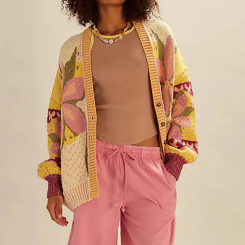 

Autumn Winter Flower Print Women's Cardigan Fashion V-neck Single Breasted Loose Sweater Casual Streetwear Long Sleeved Sweater