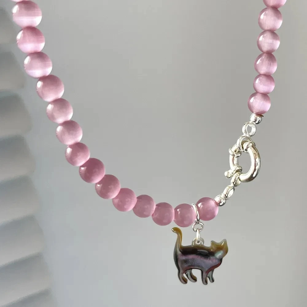 

New Pink Crystal Opal Beaded Cat Pendant Necklace for Women Sweet Cool Cute Aesthetics Clavicle Chain 2023 Trendy Jewelry Gift