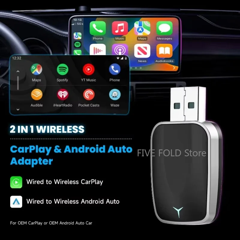2025 جديد 2 في 1 صندوق Carplay AI اللاسلكي الذي يعمل بنظام Android التوصيل والتشغيل التلقائي ينطبق على تحويل Carplay السلكي الأصلي إلى اللاسلكي