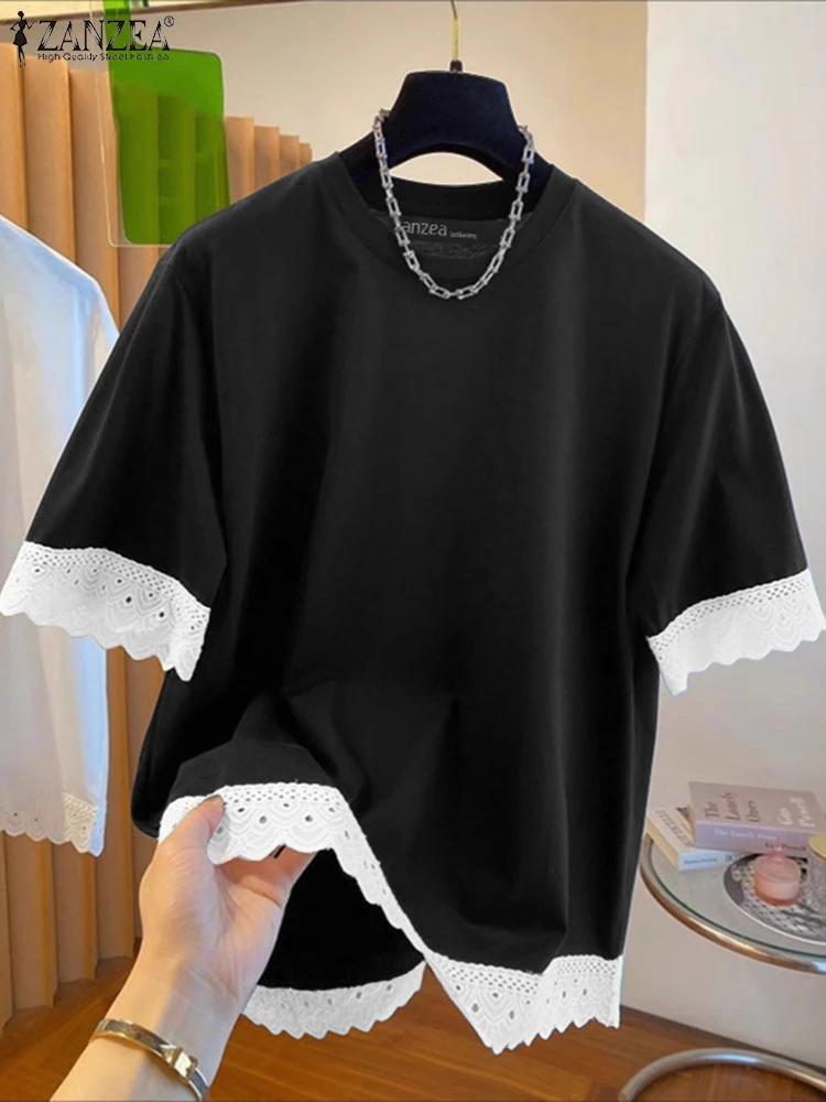 

ZANZEA Stylish Women Blouses 2025 Summer Lace Patchwork Shirts Elegant Short Sleeve Work Blusas Casual O Neck Loose Tops Mujer
